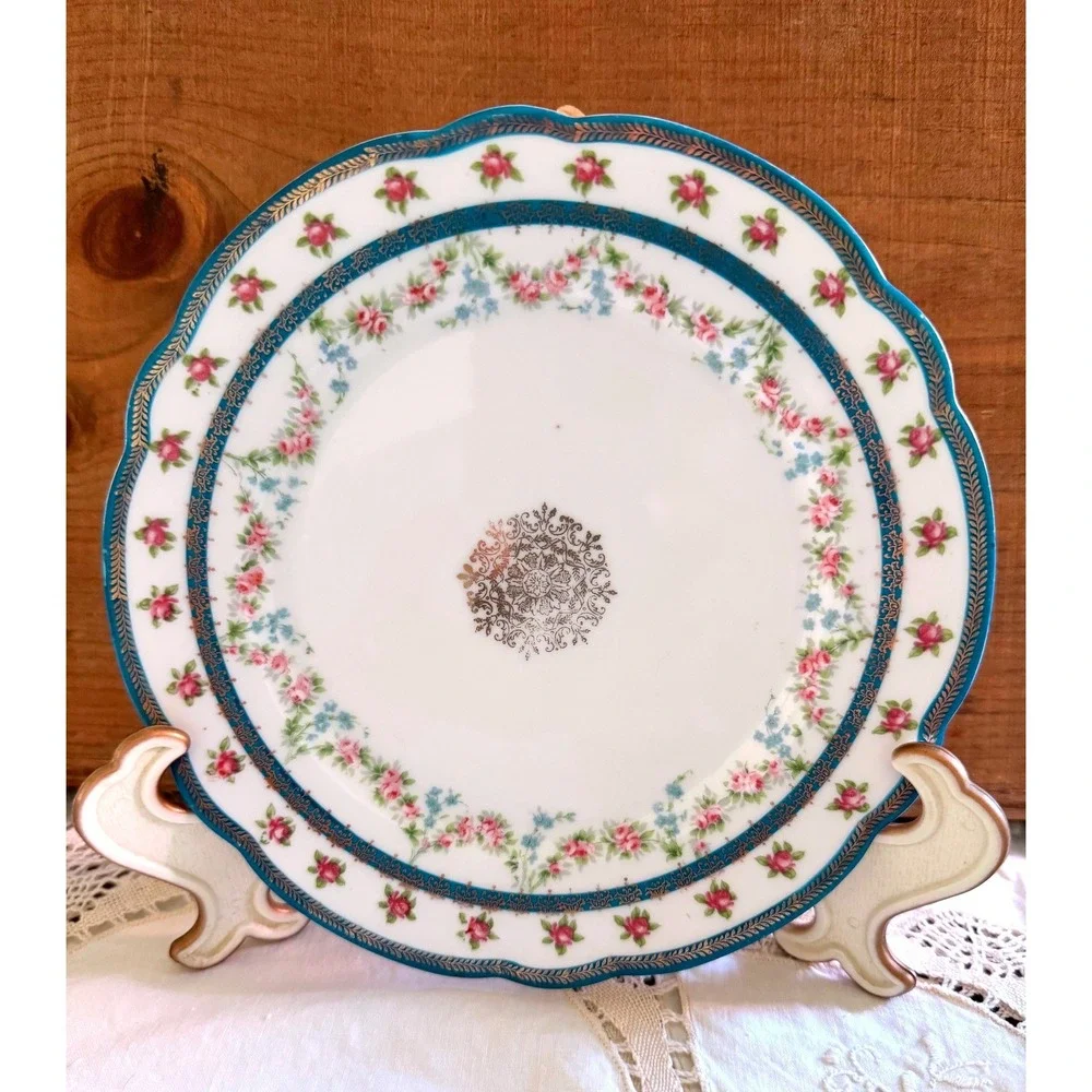 Antique Austria Porcelain Salad Plate Pink Rose Teal Gold Filigree Scalloped
